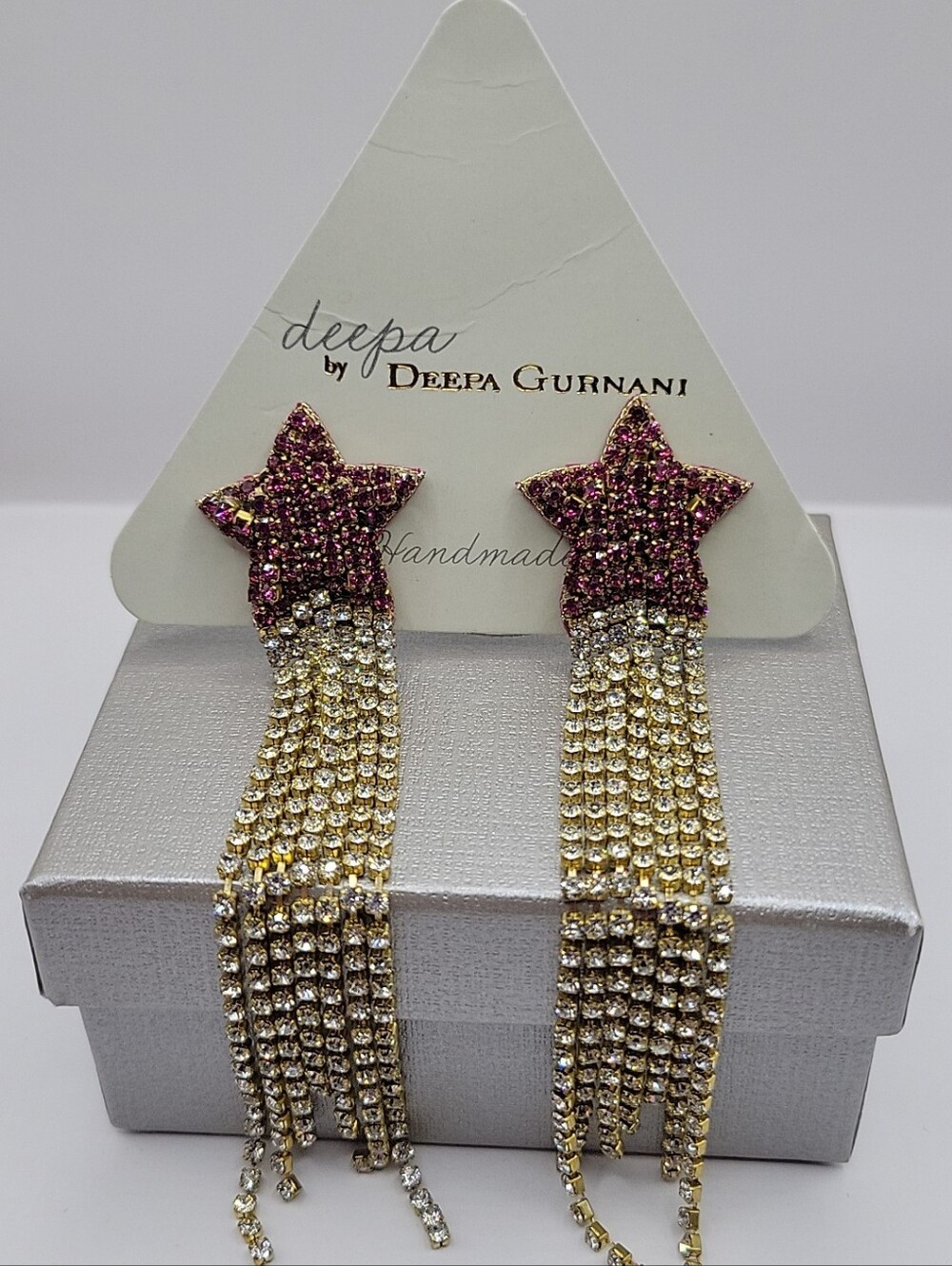 Deepa Gurnani Handmade Crystal Star Earrings Nwt,magenta,ruby,gold Tassels 4th .